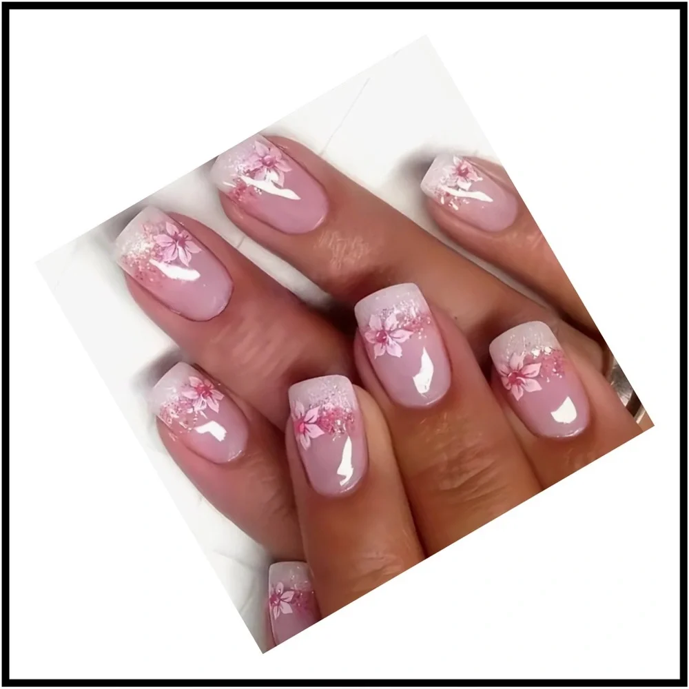 $3🔥 Short Square Pink Floral Press-On Nails